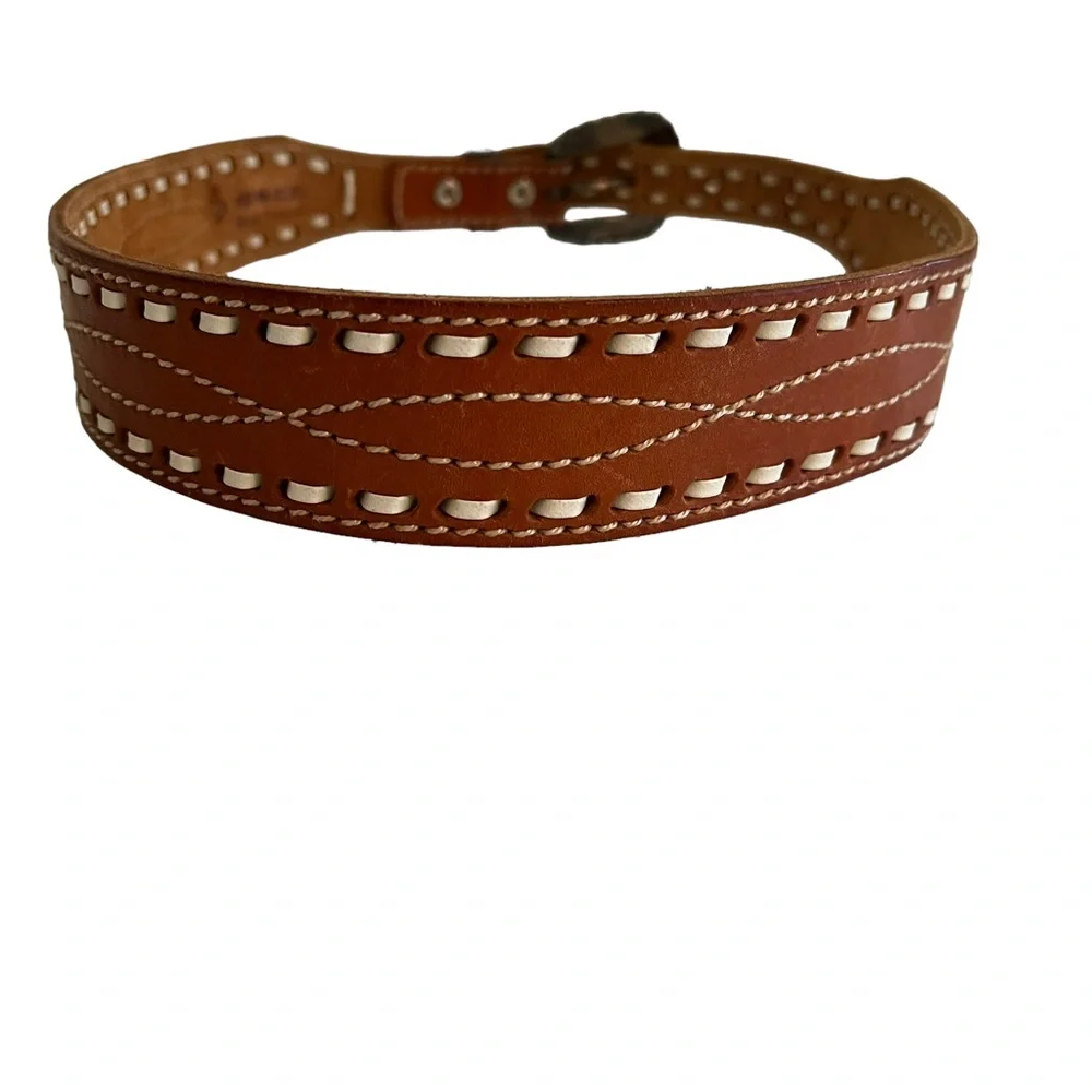 Gilles Herve Paris Brown Leather Belt with Cream Lacing and Detailed Buckle